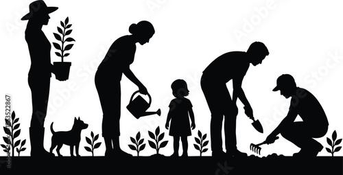 Family gardening silhouette illustration, parents children planting plants together, eco friendly lifestyle concept, sustainable outdoor home garden activity