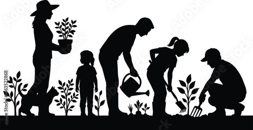Family gardening silhouette illustration, parents children planting together, eco friendly lifestyle concept, sustainable home garden activity isolated