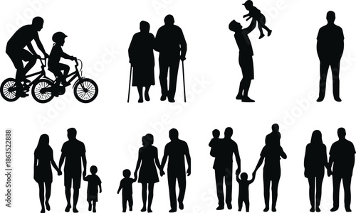 Family life stages silhouettes, parents children seniors activities, love care generation concept, walking cycling moments, black vector illustration