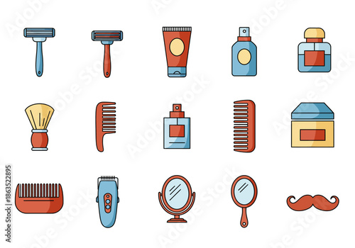 A grid of fifteen colorful flatstyle grooming and barber icons