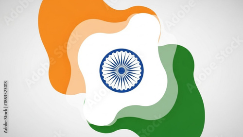 Indian flag design with saffron, white, and green wavy shapes and blue chakra symbol on a light gray background, representing patriotism and national pride