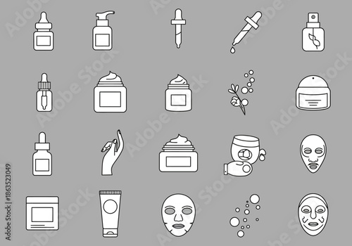 A repeating pattern of black and white skincare product icons on a gray background