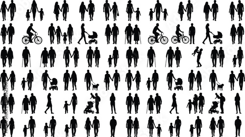 Family silhouettes collection, people walking together, parents children couples activities, lifestyle diversity concept, black vector illustration isolated background