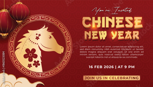 Chinese New Year Invitation with Golden Horse and Lanterns