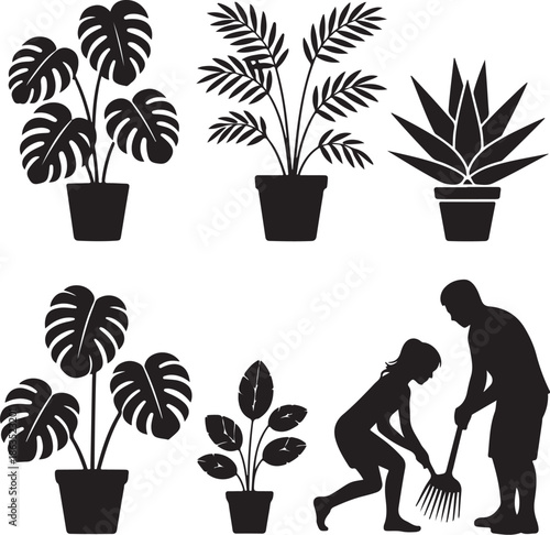 A person and a child planting and caring for potted plants