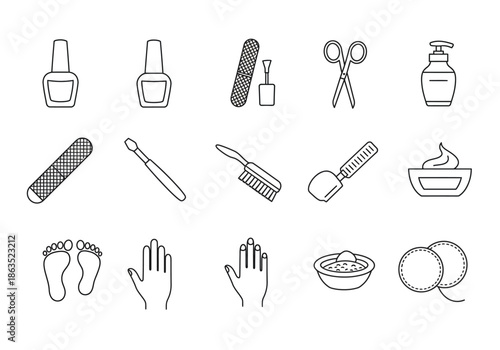 Black and white line art icons representing manicure and pedicure tools and related items