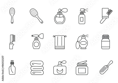 Black and white line art icons representing various bathroom and beauty items