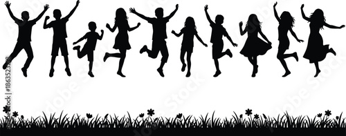 Happy children jumping silhouette illustration, kids playing together outdoors, freedom joy energy concept, childhood activity background