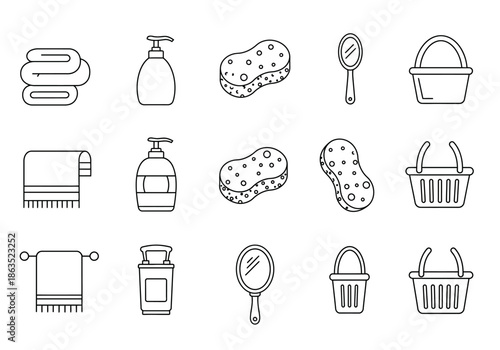 Black and white line icons of various bathroom and cleaning supplies arranged in three rows