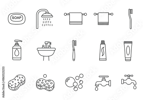 Black and white line icons illustrating various bathroom and hygiene items