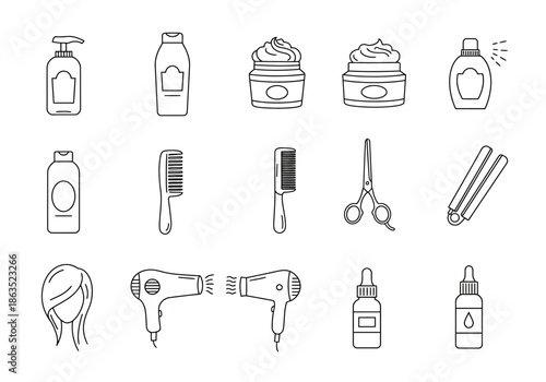 Black and white line icons of various hair care and styling products and tools