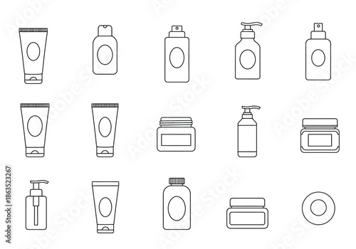 Black and white line icons of various cosmetic and personal care containers arranged in three rows