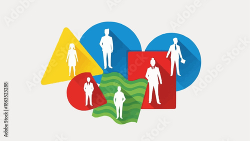 Diverse group of people silhouettes on colorful geometric shapes.