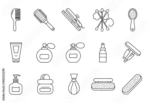 Black and white line icons of various personal care and beauty items arranged in three rows