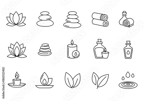 Black line icons depicting spa and wellness items in a threerow grid