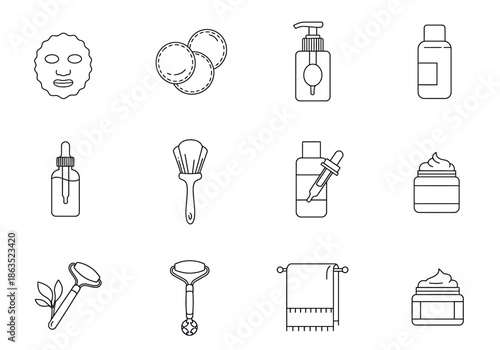 Black line icons depicting various skincare and beauty products and tools