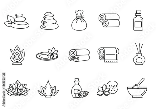Black line icons for spa and wellness arranged in three rows of five
