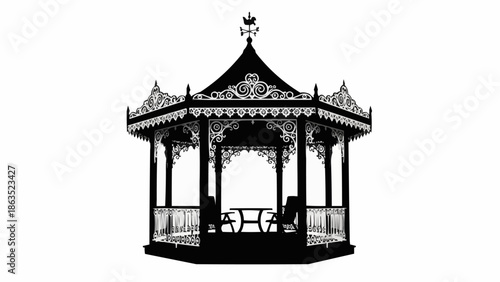 Ornate Victorian Gazebo Silhouette with Chairs and Table.
