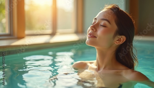 Young woman enjoys sunlight in warm water of indoor pool. Serene lady relaxes, her eyes closed, feeling refreshed and peaceful in luxury spa setting. Enjoying wellness and quiet time.
