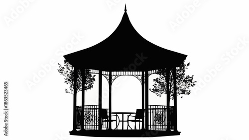 Silhouette of a beautiful gazebo with trees and seating.