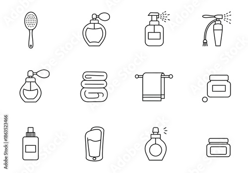 Black outline icons for hygiene and cosmetic items arranged in three rows