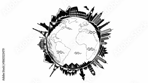 Famous Landmarks Around the World Encircling Planet Earth Illustration.