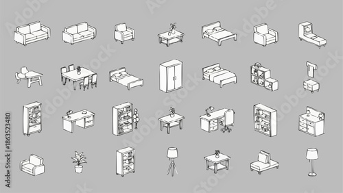 Isometric Furniture Collection Hand Drawn Outline Style.
