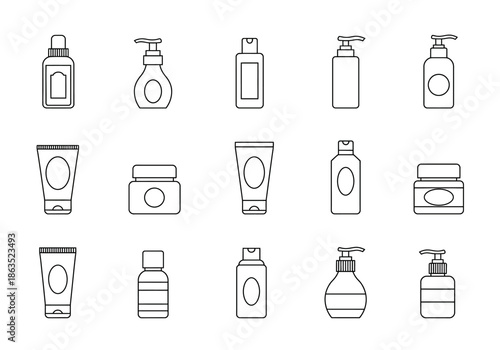 Black outline icons of various cosmetic and toiletry containers in three rows
