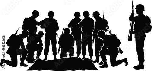 Military soldiers silhouette group honoring fallen comrade, armed infantry team with rifles isolated on white background, war remembrance concept