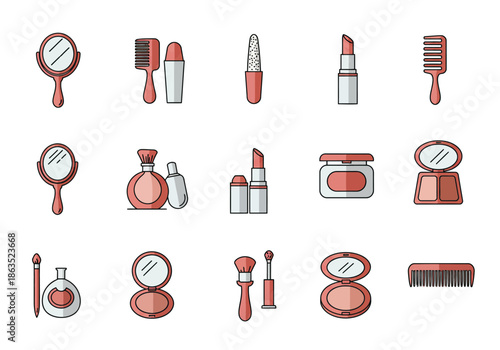 Collection of pink and gray beauty and grooming icons arranged in three rows