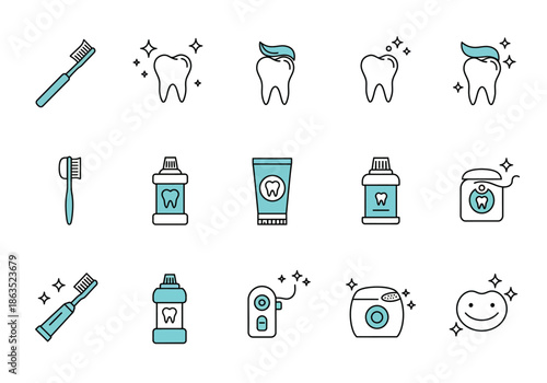 Dental hygiene icon set featuring toothbrushes paste rinses flossers and sparkling teeth