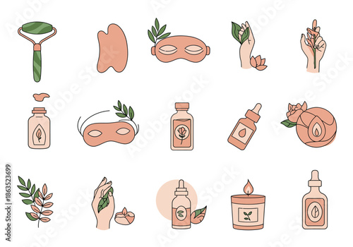 Collection of spa and beauty icons featuring jade rollers Gua Sha eye masks and oils