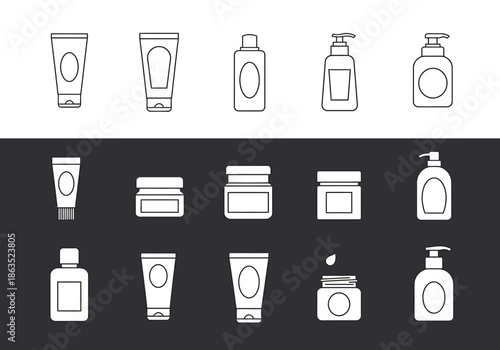 Line art icons of cosmetic containers displayed in three rows