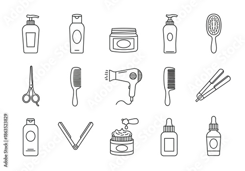 Line art icons of hair care tools and products in three rows