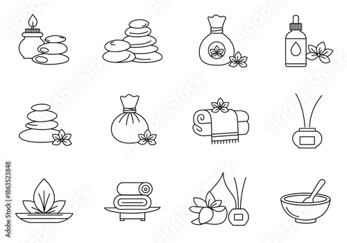 Line art icons representing spa and aromatherapy elements on a white background