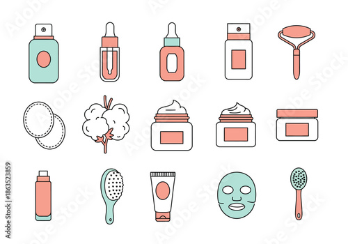 Lineart icons of skincare products and tools with teal and coral accents