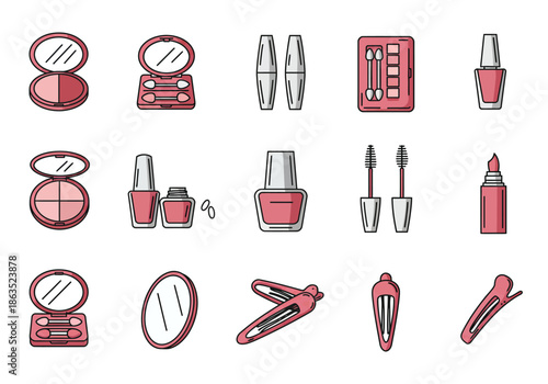 Pink makeup and hair accessories icons arranged in three rows