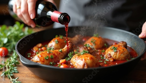 Chef adds red wine to chicken stew cooking in skillet. Pieces of chicken and sauce simmer in pot with herbs. Meal prepares in warm kitchen, steam rises from pan. © Pete