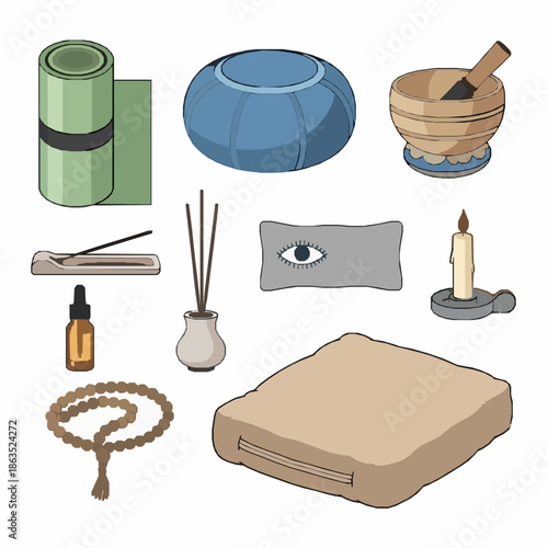 Meditation and Relaxation Tools Flat Vector Illustration Set