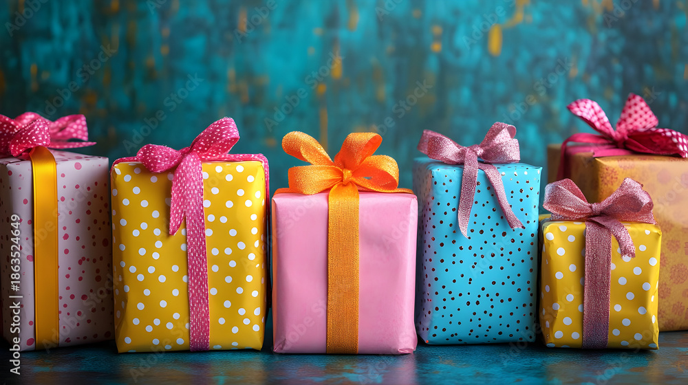 Fototapeta premium Presents scattered colorful gifts and gift bags. Generated Ai