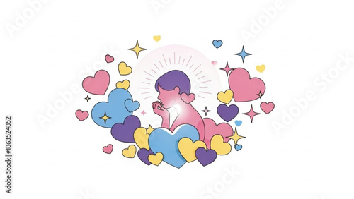 Illustration of a person surrounded by colorful hearts and stars on a white background