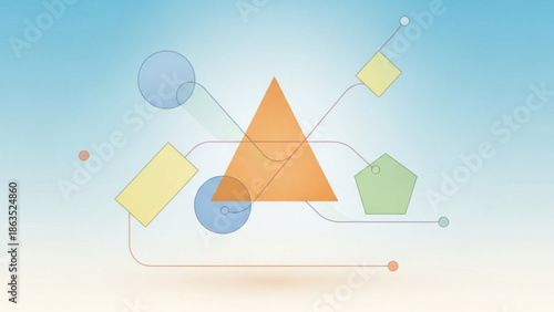 Abstract geometric shapes with colorful lines and curves on gradient blue background, modern