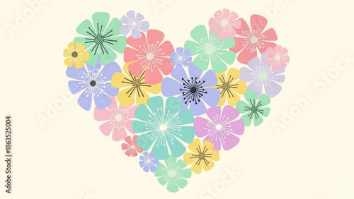 Colorful floral heart shape illustration with pastel flowers on white background