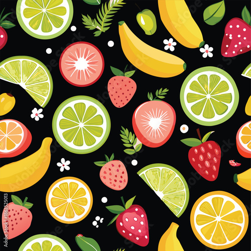 Colorful Citrus Fiesta: A vibrant and delicious arrangement of fruits, including ripe bananas, juicy strawberries, and zesty citrus slices, creating a visually appealing and mouthwatering pattern.