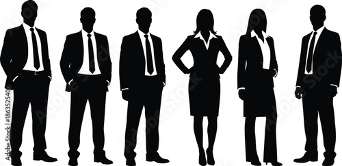 Silhouettes of business men and women standing in formal office suits, professional corporate team people vector illustration