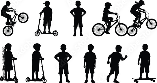 Silhouettes of Children Playing Outdoors – Scooter, Bicycle, Skateboard, and Walking Poses for Recreation, Activity, and Childhood Themes