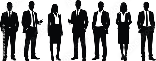 Silhouettes of business professionals standing in formal office suits, corporate team men and women vector illustration isolated