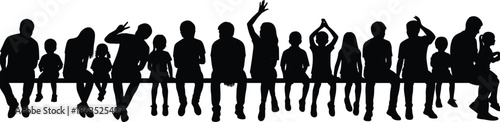Silhouettes of children sitting together in a row, playful kids group with different poses, friendship, childhood and community concept illustration