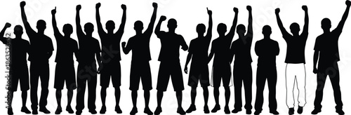 Silhouettes of crowd of men standing with raised fists, unity, celebration, protest and teamwork concept on white background