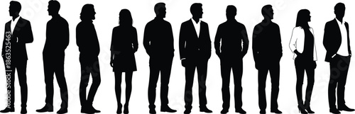 Silhouettes of diverse men and women standing in casual and formal clothing, teamwork, business group and leadership concept on white background